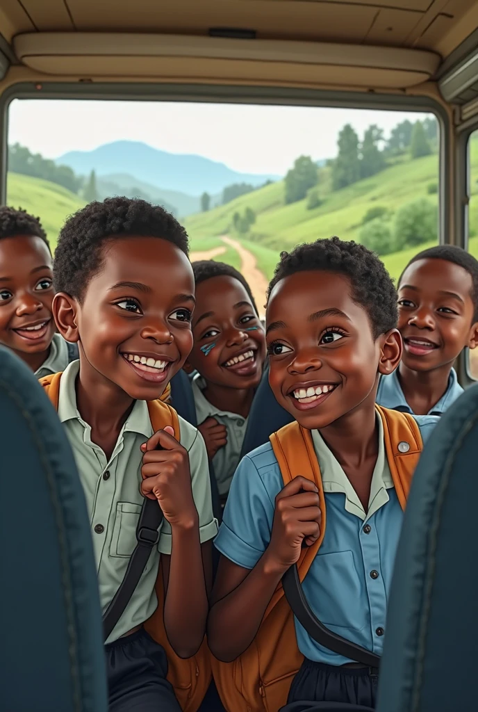 three african american children riding a vintage train to school, school books, boy in cub scout uniform