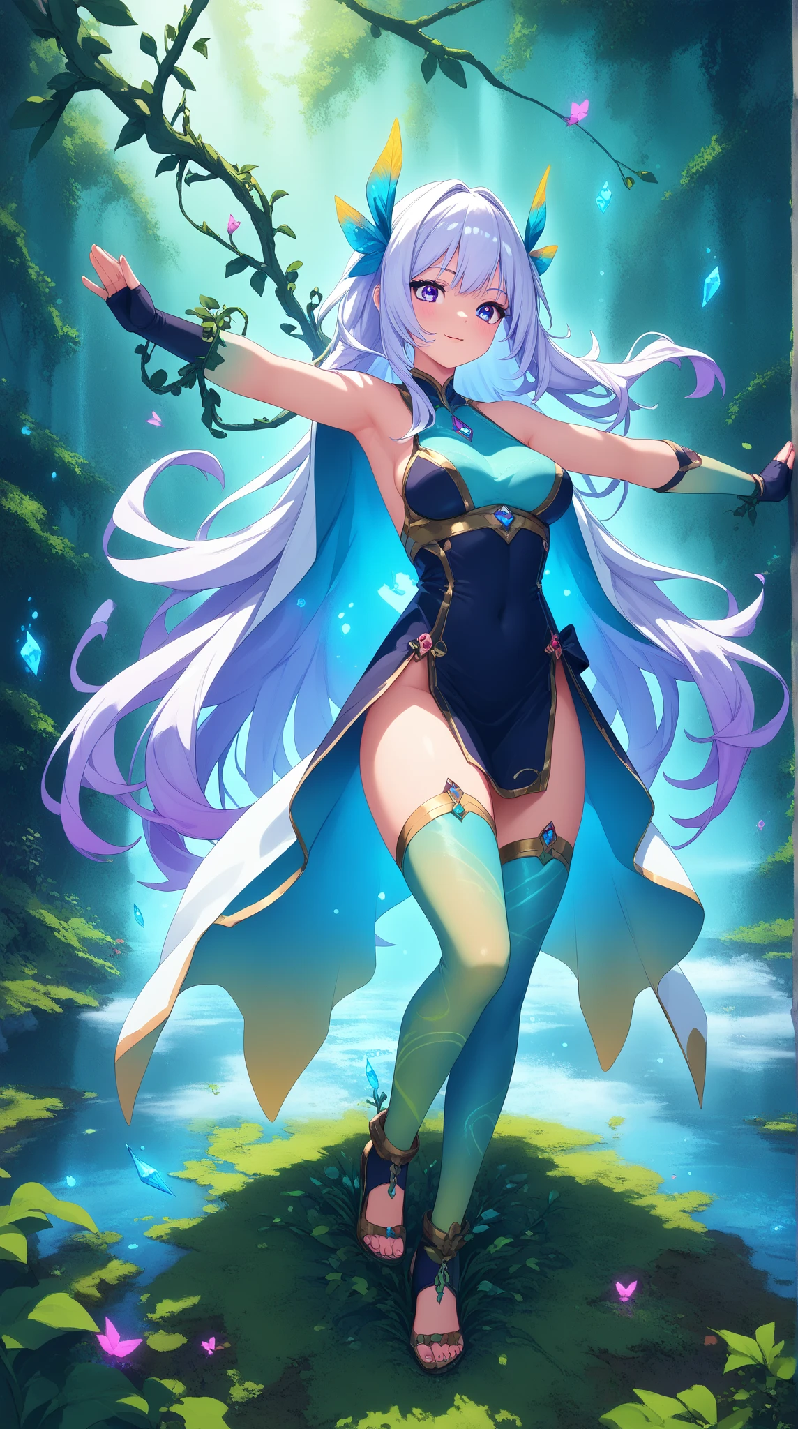 (Masterpiece), (Top Quality Anime Illustrations), (Ultra High Definition CG), One Girl, Solo, Beautiful Girl with Silver Hair, Anime Loli, Cat Ear Loli, Petite, Thigh Emphasis, Light Blue and Gold and Silver Cheongsam, Side Breasts, Side, Smile, Buttocks, Buttocks Up, Back Cutout, Bamboo Forest