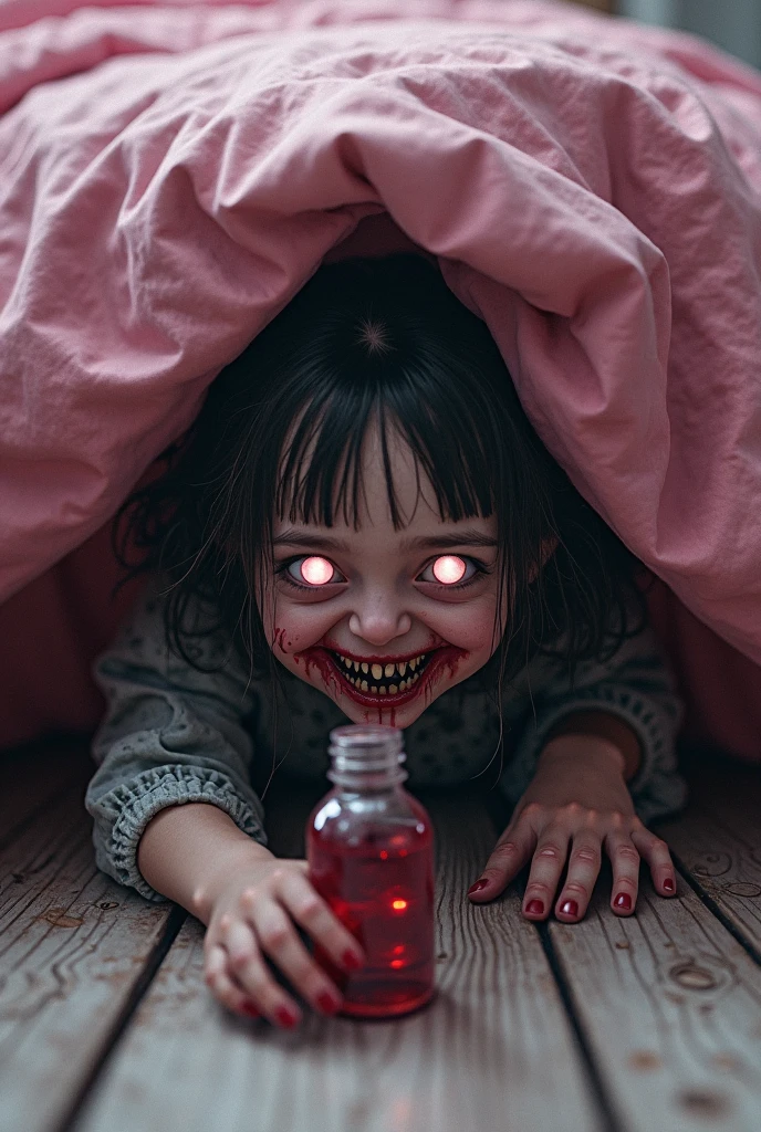 Kittu (4 year girl) sitting up in bed with an unnatural, evil grin on her face. Her eyes are glowing with a sinister light, and her small hands are clutching the bed sheets tightly as if she is holding onto something unseen.