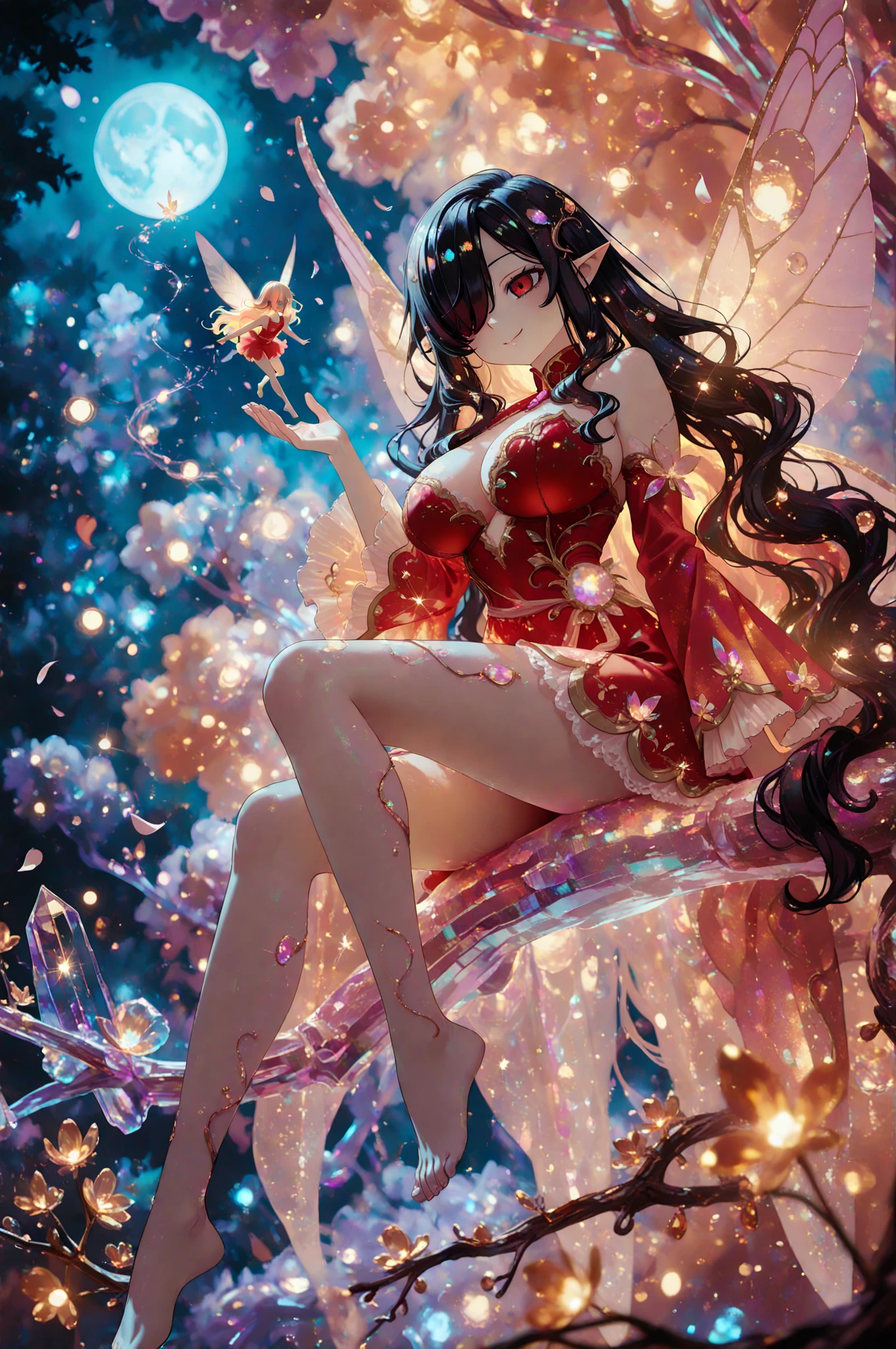 (oil painting art: 1.5) a most beautiful fairy playing in the snow, a beautiful fairy, spread butterfly wings, dynamic hair color, dynamic hair style, busty, wearing red silk dress, intricate silk, wearing high heels boots, she is playing the snow, fresh snow in the forest, high snow, High Detail, Ultra High Quality, High Resolution, 16K Resolution, Ultra HD Pictures, Ultra Realistic, Clear Details, Realistic Detail, Ultra High Definition