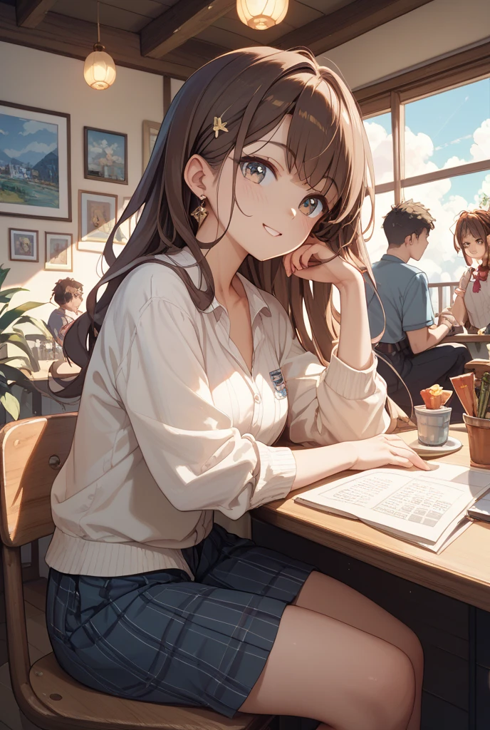 masterpiece, best quality, perfect features, intricate details, ray tracing, illustration,1girl, very long brown hair, long hair, swept bangs, brown eyes, strapless teal shirt, jeans, sneakers, toned arms, small breasts, desk, chair, from side, looking at viewer, light smile, window, floating hair, sunbeam, depth of field ,