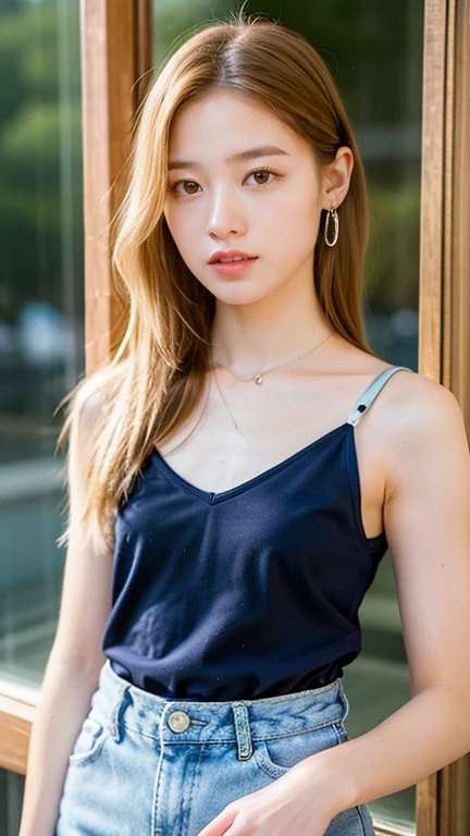 1girl, cute, smaller chest, blonde hair, long hair, wavy hair, bangs, sheer tank top, shorts jeans, sitting, outdoor, full-body portrait, (best quality,4k,8k,highres,masterpiece:1.2),ultra-detailed,(realistic,photorealistic,photo-realistic:1.37)