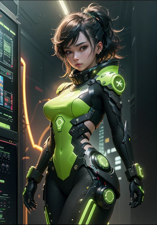 Beautiful cybernetic girl looking at camera underwear detailed muscles realistic masterpiece,Active Pose、action pose、LED Light、Gold Parts、bangs、Short Hair、back view、backs