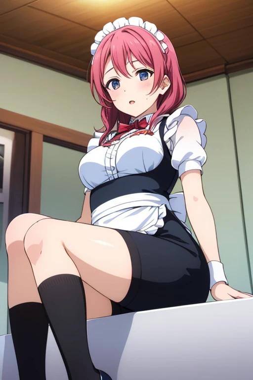 stella vermillion, school uniform, garter straps, black thighhighs, cross-laced footwear, (skirt lift, white underwear:1.2), Big breast, head to thigh, sad smile, blush, from below