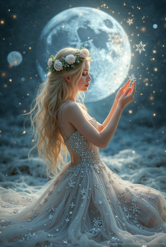 (highest quality, masterpiece, Super detailed, very detailed, exquisite, 16k,Full HD),A little closer,golden ratio,dramatic lighting,pastel colour,silhouette,soft lighting, ((From the side,alone:1.5)),((Are standing,reach for the sky:1.2)),((Moonlight night,Crescent Moon,beautiful moon)),starry sky,meteor群,meteor,(fairy princess, purple eyes, long eyelashes,white skin,slim,pale pink plump lips,pale pink cheeks, The wind is blowing,White fluffy hair,thin and long,(thin and high nose,small nose),(Huge fairy wings grow from just above her waist.),silver decoration,diamond tiara,diamond earrings,diamond earrings,Diamond Choker,(silver ball gown dress:1.1), silver lace and frills, (fantasy, romantic atmosphere),