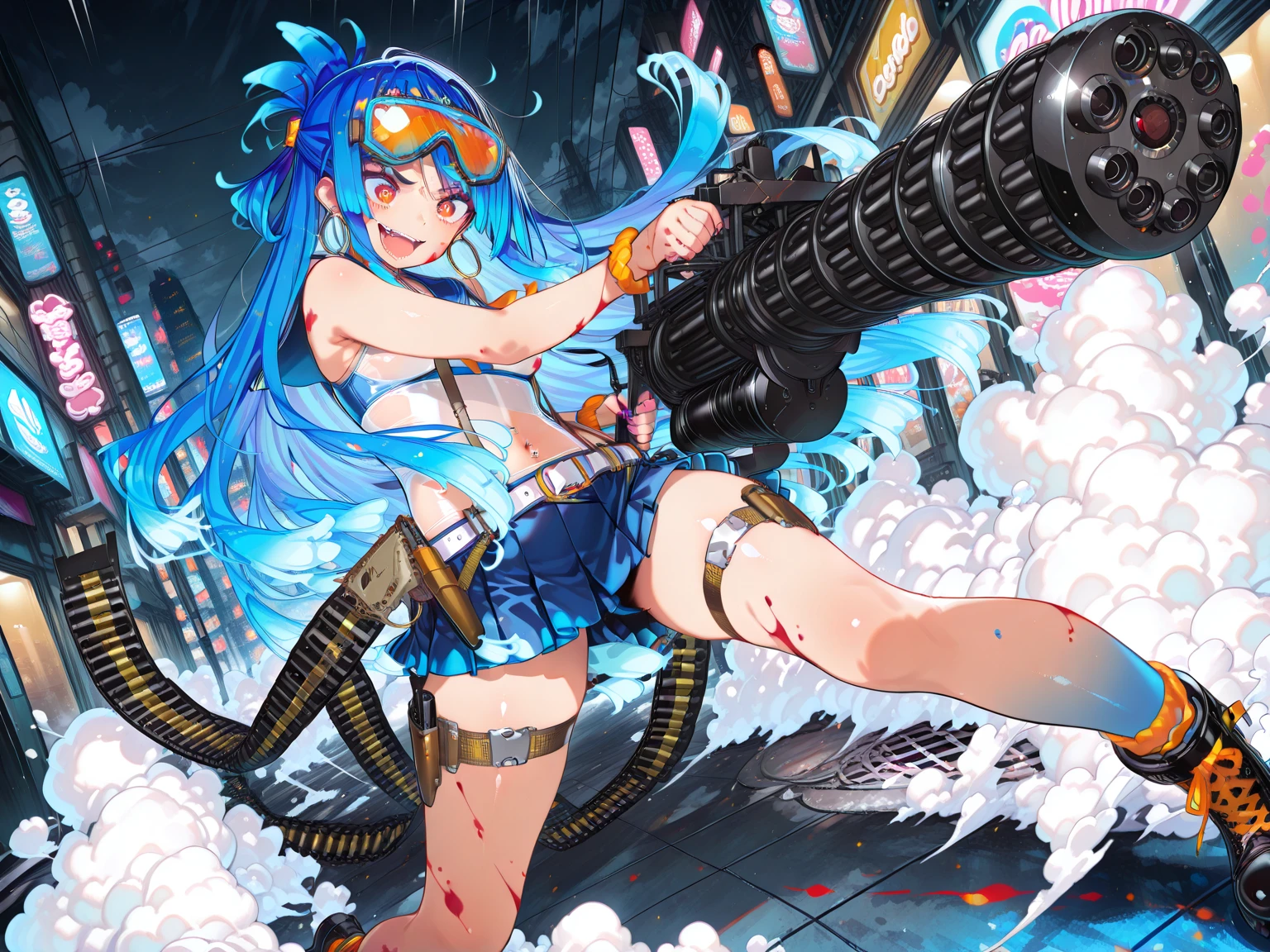 masterpiece、highest quality、Ultra-high resolution、Maximum resolution、Very detailed、Professional Lighting、anime、Adult female、thin、so beautiful、、China dress、Has a handgun、Hold a handgun with both hands、Yellow Eyes、Blue Hair、Long Wavy Hair、Earrings、Fingerless gloves、Tactical Boots、Equipped with transparent orange sunglasses、Equipped with a chest rig、1 person on the battlefield、Acrobatic movements、Shoot a bullet at the target、Dual pistols、Blood sticks