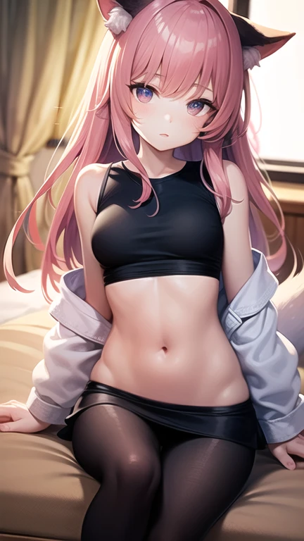 a pink haired woman with violet eyes with an hourglass figure is wearing pajamas on a sunday morning