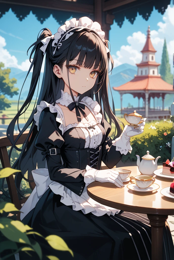 sfw, masterpiece, (best quality, ultra-detailed:1.4), (anime Painting), (ultra high res:1.5), (sharp focus), (insanely detailed:1.3), (perfect anatomy), super fine illustration,
(8+ girls:1.4),(detailed eyes:1.3),(blush:1.0),(smile:0.9),look at viewer, breasts,
(maid hairband:1.0), cute maid, white maid apron, (traditional maid collared shirt:1.0),breasts,(side boob:0.9),flat chest,maid black long skirt,long black hair,pony tail,stockings,garter belt,
tea party, rose, garden, antique chair, (antique big round table:1.3), tea set, tiered tray, outdoors, cake, pastry, dessert, 100+ flowers