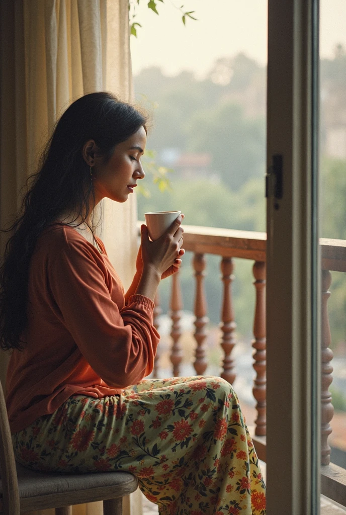 A Bangladeshi woman, wearing t Shirt , long hair,sitting besides window, taking tea

