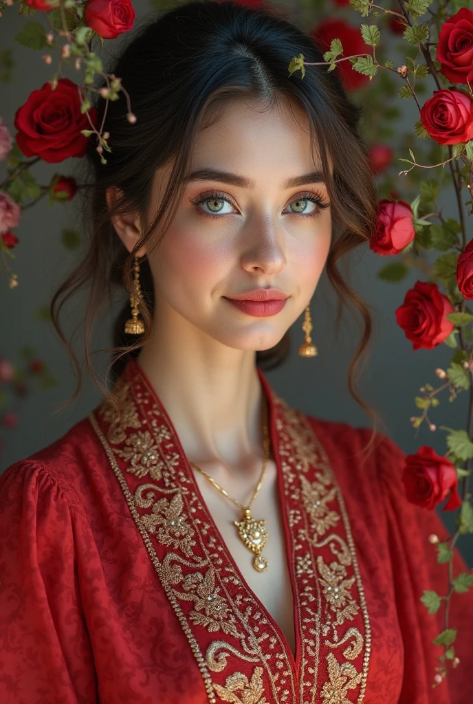 Beautiful realistic woman, detailed face, crystal clear amber eyes, red lipstick, brown hair, loosely flowing, red dried flower in her hair, delicate earrings and necklace, tai dai printed fabric dress
bright, depleted and falling into the arms, sensation of movement, dark chiaro lighting, old material house background, flowers in the window and blurred garden, alcohol paint, a masterpiece.