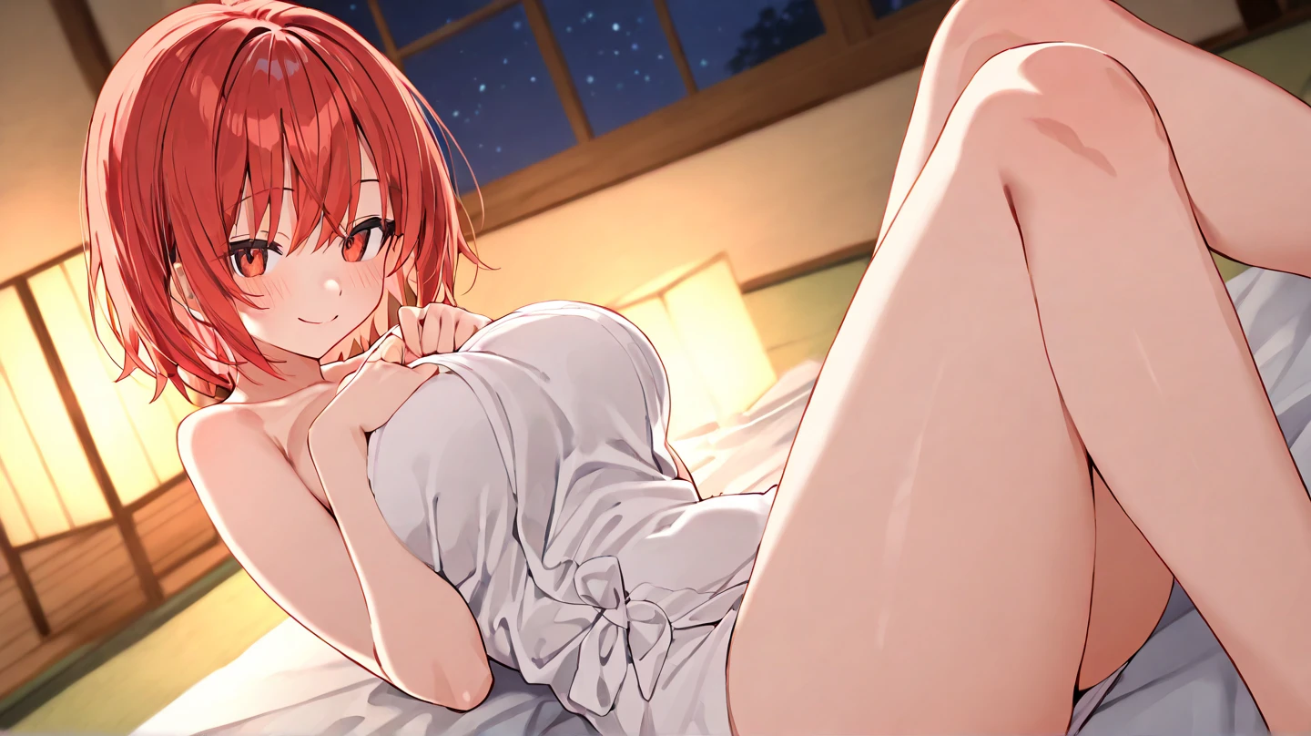 Anime background art, bottom of room, one bed, lying on a bed, beautiful anime scenes, 4K anime art wallpaper, 4k anime art wallpaper, Rosla global illumination, anime girl, 1 girl, LORA similar, best quality, detailed, alone, looking at the viewer, mouth closed, smile, short hair, definition in the eye, perfect face, perfect face, perfect hair, orange hair, hair accessory, green green bow in hair, blue eyes,  costume, big tits, naked, completely naked, showing her vagina, perfect vagina, open legs, open vagina, perfect anus, see vagina, naked vagina, penis, penis inside vagina, penis in vagina, being penetrated, scene sex, reverse cowgirl pose, her back, showing back, showing butt.

