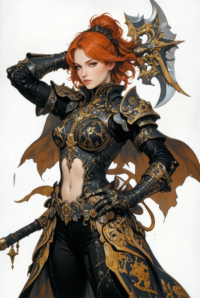 one woman, White skin, long white hair, one red lock of hair on the right side, (two thin and long black horns slightly curved inside, one blue eye and one brown eye, two small red dragon's wings, elf ears, dressed in skintight black leather, knee high black leather heeled boots, big brest, sitting on a "dragon's skull, full body,
