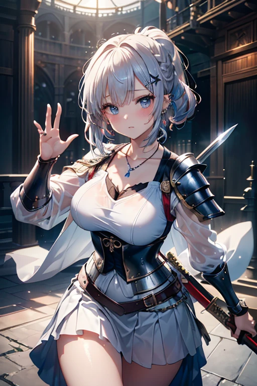 1girl, knights templar, anime maid, epic, (knights templar light armor), templar semi-armor, maid mini skirt, armor straps, tactical templar light semi-armor,shield, sword, knight templar,1girl, arrow_\(fire_Force\), blue_eyes, dinamyc_hair, short_hair, hair_clips, templar_knight_robes, cape, red_cross_on_chest, pelvic_curtain, black_sleeves, gold_armour, (bikini armor), (maid clothes), templar armor, tactical straps