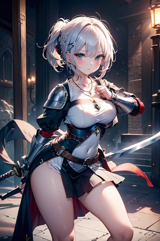 High quality, cool beauty, beautiful woman, mature, beautiful silver hair, short hair, bangs, Russian style beauty, beautiful legs, taut beautiful breasts, beautiful ass, taut beautiful ass, dressed in white, red colored clothing, holding sword, dressed as pirate, thighs, gloves, breasts, solo, gun, sword, light blue eyes Beautiful ass, big breasts, knee-high boots, black boots, silver hair, posing woman,