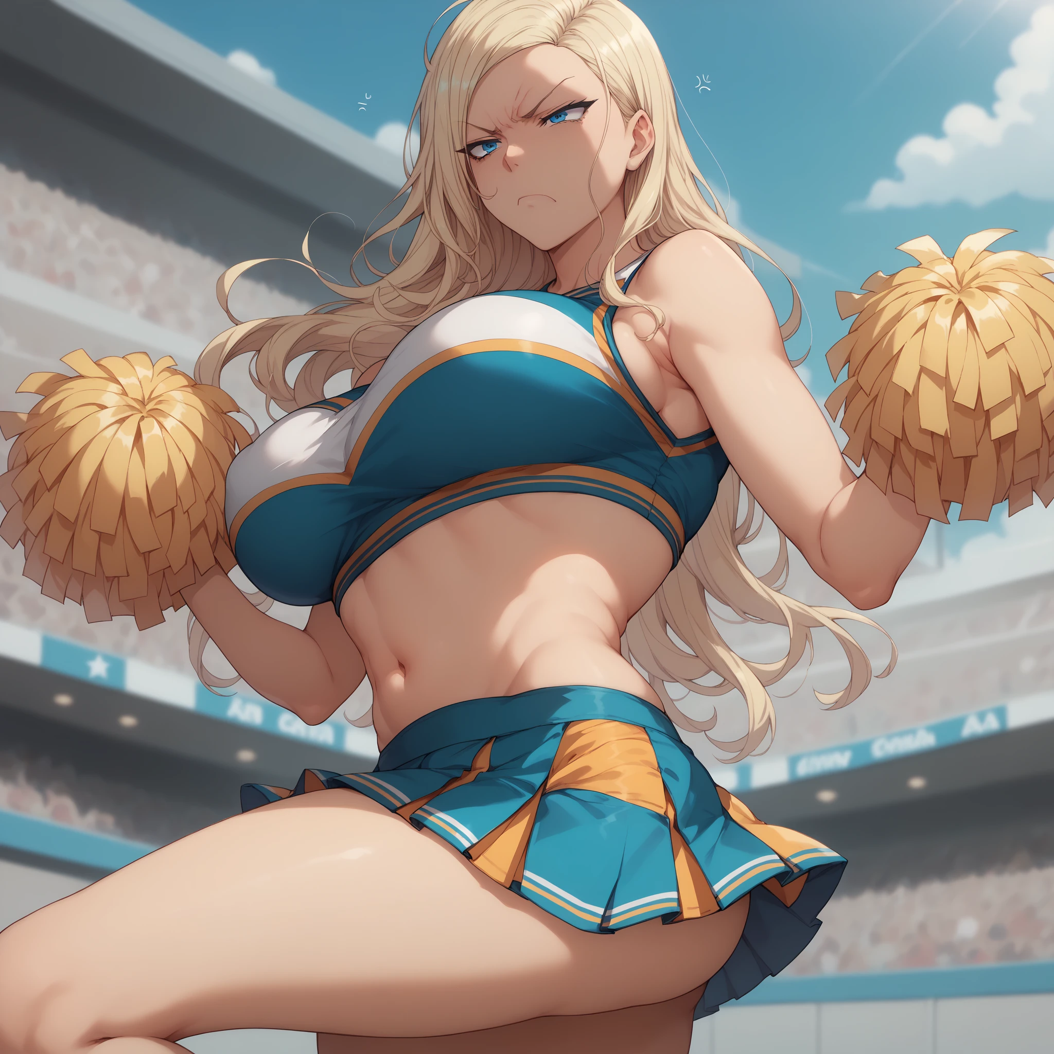 anime artwork, score_9, score_8_up, score_7_up, score_6_up, score_5_up, score_4_up, Mount Lady, blonde hair, purple eyes, , she is 24 years old, style_3, ,,, , , ,floox style , _, standing, cheerleader