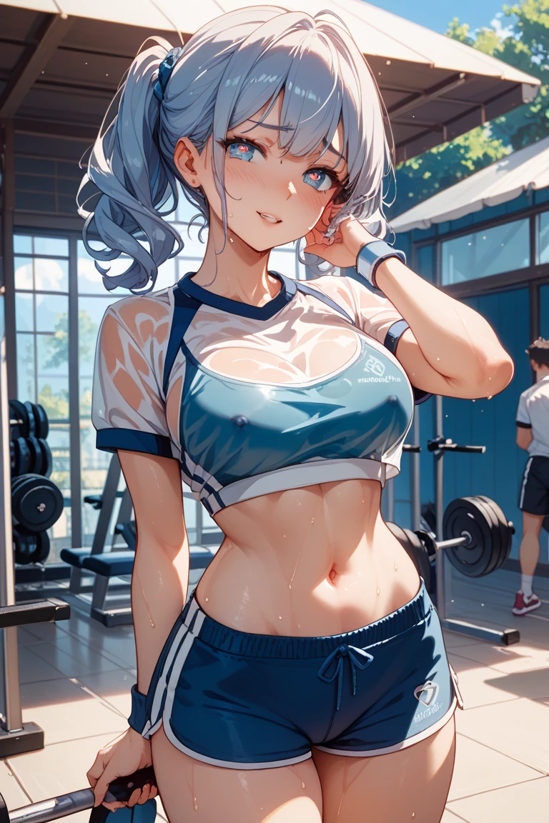 ((One girl)), masterpiece,Highest quality,High resolution、17 years old、cute、Sweat、Gym short、blue bra、No sleeve、Tight fit、Sportswear、smile、medium perfect breasts、Outdoor, trained muscles belly, trained muscles
muscular girl,