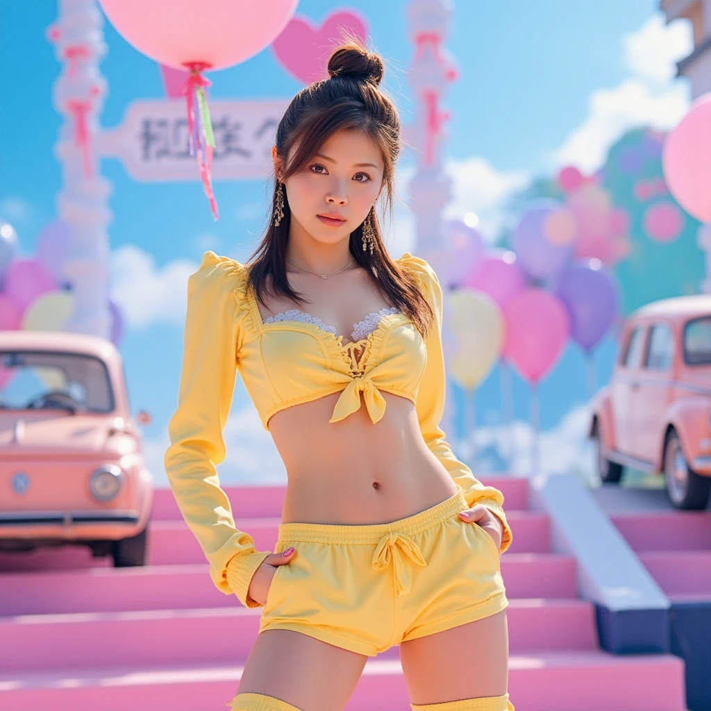 highest quality、4K、Generate a hyper-realistic image of a beautiful woman posed dynamically among colorful, whimsical balloon-like shapes. She is wearing a bright yellow fitted t-shirt and denim short shorts, accentuating her playful and youthful look. Her outfit is complemented by shiny yellow high-heeled boots. Her hair is styled in soft waves, partially up, and she has a thoughtful yet alluring expression. The background is a vibrant orange, adding a lively and energetic feel to the image. Ensure the balloons are in shades of blue, pink, and purple, with heart and star decorations to enhance the fun and festive atmosphere."
