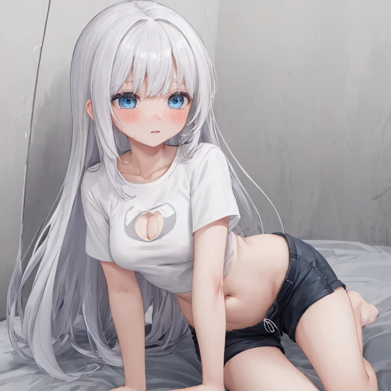 1girl, shy, skinny girl, 18, Spread legs, bra,T-Shirt, cute hair, girl, ready for sex, flirt, white hair, white skin, mid , non big ass, cute skirt , cat ear,nsfw 2.0