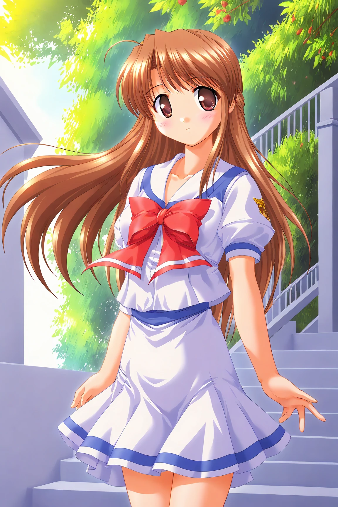 Create an image of a girl, sailor suit, classroom, The image should capture the essence of summer, with a warm and sunny background. The girl should be in a typical summer pose, with a high-contrast effect and a subtle glow. The upper part of the screen should have a darker tone, gradually transitioning into a brighter tone towards the bottom.