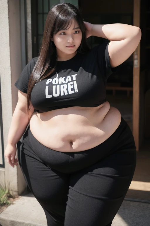 Arapei woman posing for a photo in a white crewneck T-shirt, bbwchan, clear curvy details, thicc, dressed in a beautiful white, Crewneck T-shirt(Not exposed,No light), Four-corner flat shorts(Not exposed,No light),smooth white tight clothes suit, angela white, With large breasts, soft curvy shape, alluring plus sized model, Dressed in white, big breast size, she has a jiggly fat round belly