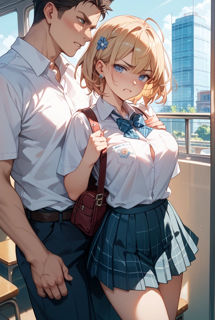 Station ticket gates、A man in a suit groping a schoolgirl&#39;s breasts and buttocks、A white shirt that fits her no-bra 、Blue and white striped skirt、She lifts her skirt to reveal her cute white underwear、Bare legs and leather shoean in white suit