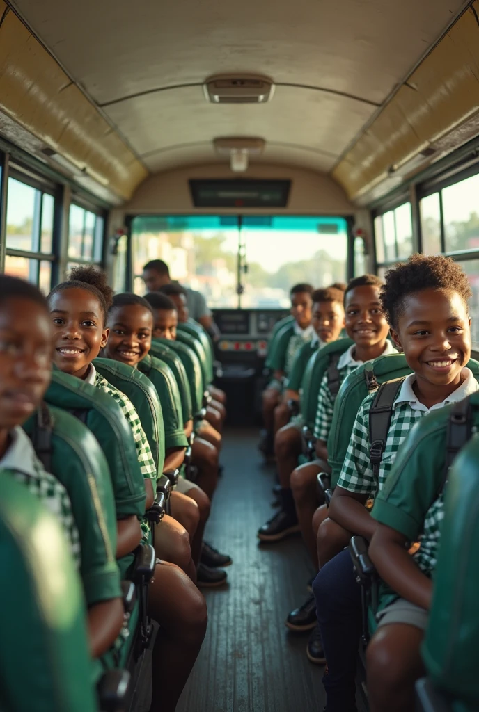three african american children riding a vintage train to school, school books