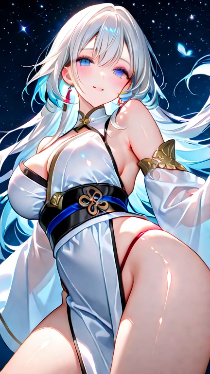 young girl, white colored hair, Cat's ears, high ponytail, Heterochromia, blue and purple eyes, Blue kimono, tattoo, Sleeveless, Deep neckline on the chest, open breasts, open shoulders, Masterpiece, hiquality, high detail, HD, 4k