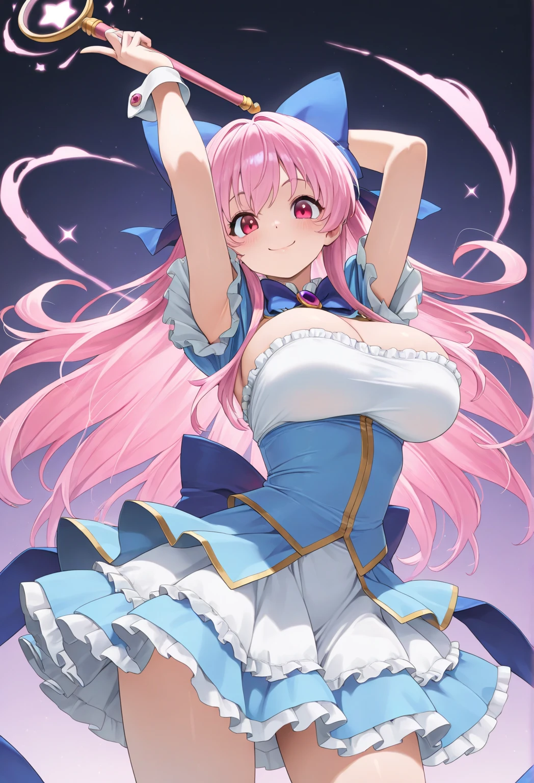 Mecha Wings、White and blue skirt、Accentuated thighs、White tights、chest、Beautiful pink hair、1 girl、solo girl、Thick thighs、is、Frame Arms Girl、Alice Gere Aegis、White Armor、Blue and purple lines、income、headphone、hand on own chest、smile