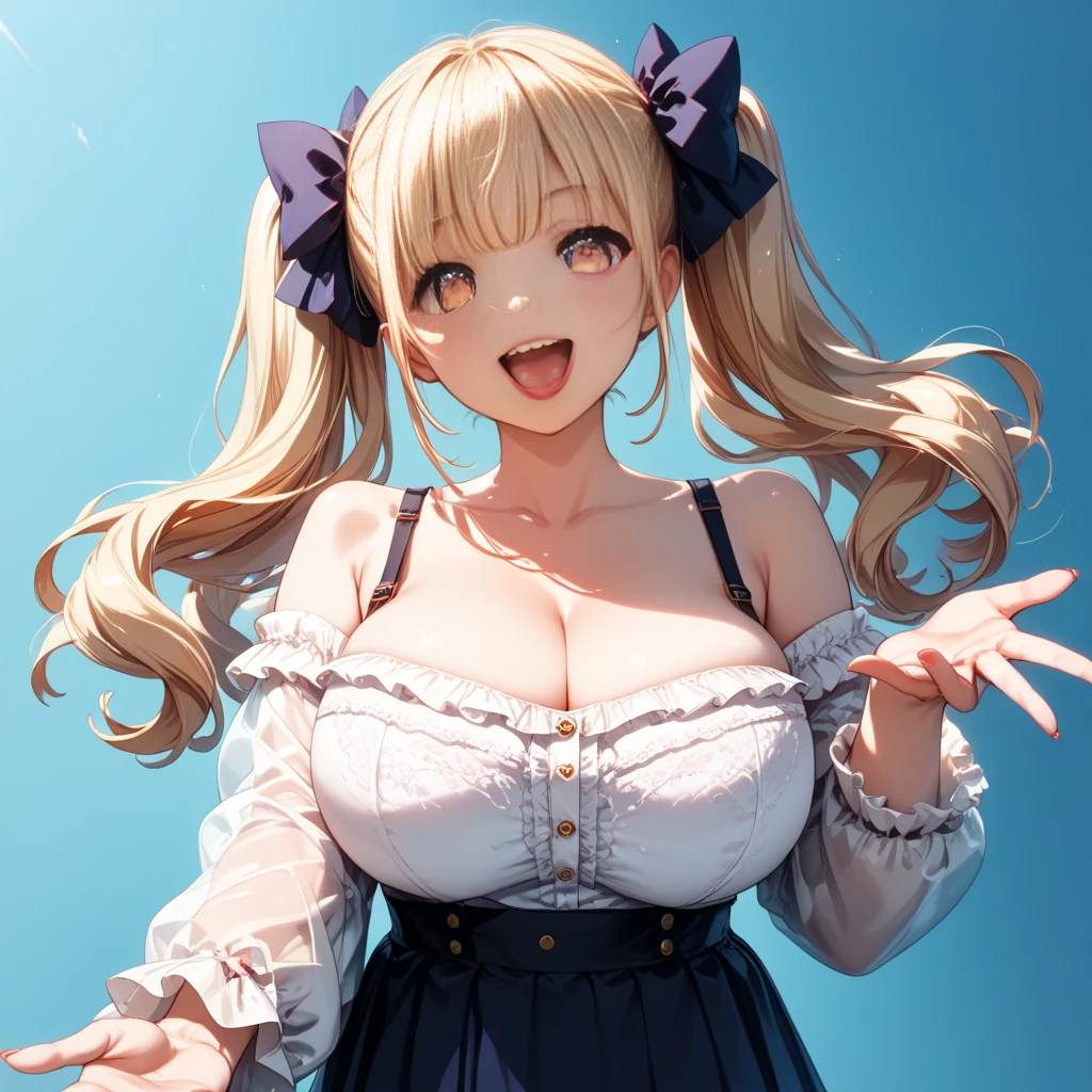 (((Highest quality、8k、masterpiece:1.5)))、(Slanted Eyes、Blonde、Twin tails、(Big Breasts:1.2)、Denim overalls、16 years old))、((Perfect Anatomy))、whole body、smile、Facing forward、looking at the camera、Simple Background