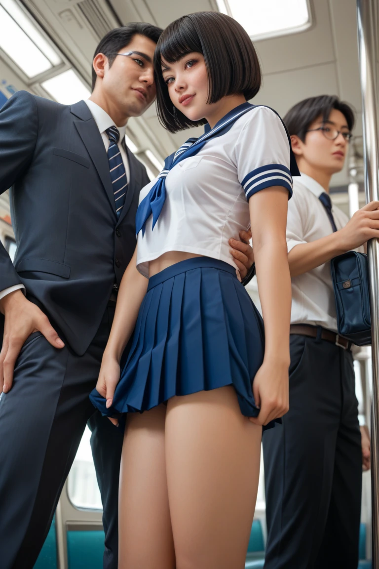 (Sexy idol with gentle attractive Japan and beautiful very young face),Grab from behind、、(Schoolgirl in sailor suit),(Sailor collar)、Grabbing your butt from behind on a crowded train)、(Pleated skirt with roll-up)、Omeko Beautiful Girl１a person、((A man grabs a schoolgirl buttocks from behind:1.4))、((((molesting))))、Touching your buttocks from behind on the bus、red blush、(((sexual act)))、(((erotick)))、((Skirt flipped up、I can see panties))、High twin tails、high-level image quality、realisitic、(((agony、angry expressions)))、(((Touching multiple guys in the chest or crotch:1.5)))、grabbing on breasts(((On a crowded train)))、((buttocks fully exposed)),((Sexy striped panties)),Turned:1.4、((NSFW))、Buttocks exposed、