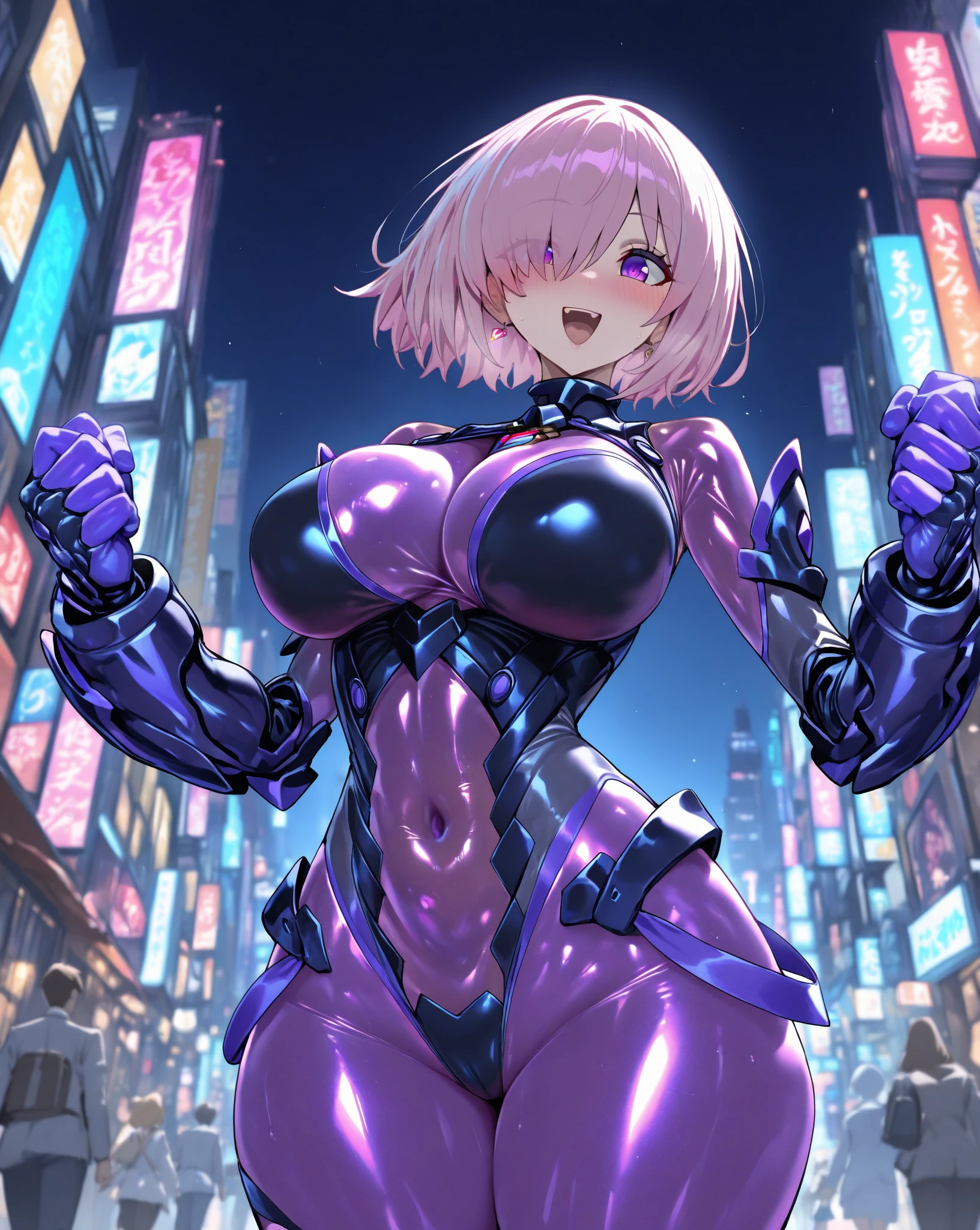 Craft an 8k illustration of a robot girl with short, detailed eyes, spiky neon-pink hair and digital magenta eyes. she wears futuristic battle armor with sharp edges and a vibrant array of shifting neon lights. the background is a dystopian cityscape at dusk, with neon signs flickering in the twilight and the silhouette of a sprawling metropolis outlined against the fading light, large breasts