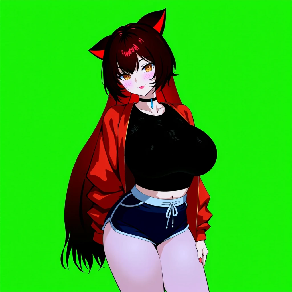((red eyes)), (((short black hair))), ((fox girl)), ((fox ears)), ((black fox tail)), ((croptop hoodie)), ((1girl)), ((8k resolution)), ((hands behind back)), ((full body)), (((8k))), (((detailed face))), pink skirt, (((ponytail)))