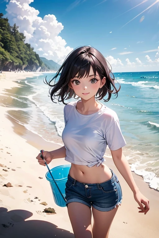 ultra-detailliert, hight resolution, (Realistic, Photorealistic: 1.4), 8K, Raw photo, (masutepiece), (Best Quality), physically-based renderingt, Female college student, Brown hair, sand beach, (_white_Shirt)、