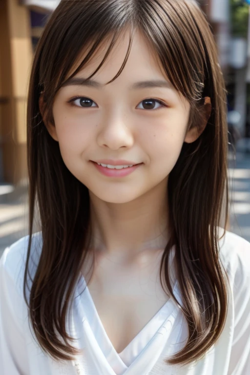 One Girl、masterpiece、((highest quality))、Realistic、(Detailed light)、Short hair to the shoulders、15-year-old student、Japanese Height 、Short sleeve、summer、Captivating eyes、Nogizaka、Shibuya Ward、(Close-up)、Laughter、Walking down the street、Buckshot、((Close one eye))、Very detailed