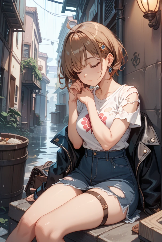 8k,highest quality,masterpiece,(((Pixel Perfect, Perfect in every detail))), alone, 1 girl, Embarrassing blush,Mycotrose, Brown eyes,Brown Hair,short hair,Looking at the audience,Off-the-shoulder dress,Bare neck,Bare shoulders,Bare neck,Shorts,Black knee socks,short boots, Close your mouth,Wet Naked,Wet clothes,Wet Hair,night,rain,Puddle,Cloudy,(masterpiece:1.2), highest quality, High resolution, unity 8k wallpaper, (shape:0.8), (Beautiful and detailed:1.6), Highly detailed face, Perfect lighting, Highly detailed CG, (Perfect hands, Perfect Anatomy),