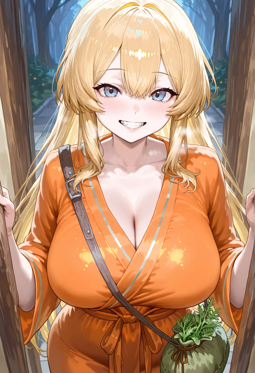 TsunadeNS, tsunade_senju, woman, fullbody, best quality, high resolution, distinct image, Cinematic light, intricate_detail, highres, official art, finely detailed beautiful face, high-resolution illustration, 8k, dark intense shadows, overexposure, 1girl, solo, huge breasts, kimono, cleavage, smile, lips, bare_shoulders, indoors, alcohol, bottle, sake_bottle, cup, holding, off_shoulder, (detailed hair), (masterpiece), (best quality), (ultra-detailed), sharp focus, detailed face, ((perfect anatomy)), high quality anime, anime art style, perfect lighting, (intricate details), (depth of field), full body, best quality, high resolution, distinct image, Cinematic light, intricate_detail, highres, official art, finely detailed beautiful face, high-resolution illustration, 8k, dark intense shadows, overexposure, 1girl, solo, (yellow hair:1.4), long hair, wavy hair,(arm + hand + 1_thumb), Five fingers each, perfect hands,