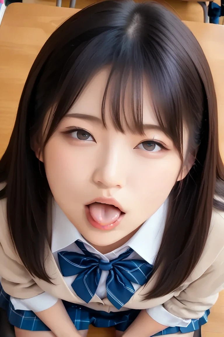 ,Short sleeved white shirt,Grey checked tie,Grey checked mini skirt,Navy blue socks,open mouth,tongue out,cum on tongue,Sitting on a black sofa,looking ahead,from above,flont view,face focus,open mouth,tongue out,(1girl,Beautiful 14 year old girl),((Slender,Small breasts,Small face,)),looking at viewer,Black Hair,bangs,Beautiful and detailed,Expressionless,Dimly lit room,Simple Background,Black background,
