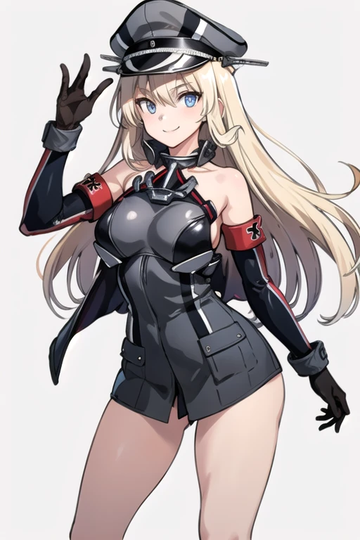 hyper extreme detailed), (masterpiece), (hyper extreme), (photorealistic), CG, (color: 1.2), beautiful lighting, front light, rating: safe, solo, bismarck, blonde hair, long hair, eyes red, black_gloves, garter_straps, zettai_ryouiki, pleated_skirt, black_skirt, stoking, high_heels, black shrite, long_sleeves, black_cape, short_dress, wearing military hat, saber gloves, looking lewd, sideboobs