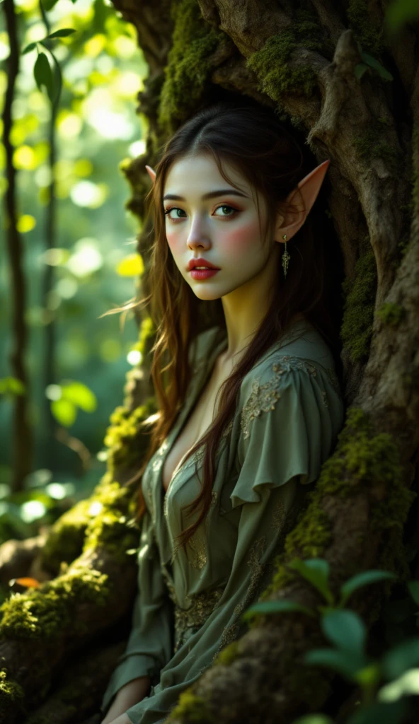 1girl,a weak girl,upper body,elf,sitting on branch,night,soft light,full body,sad,face up,hand supported,magic forest,luminous tree of life,glowing,glowing hair,light particles,<lora:MengX girl_Mix_V40:0.9>,blush,dramatic lighting,bright colors,forehead mark,imaginative,sharp focus,