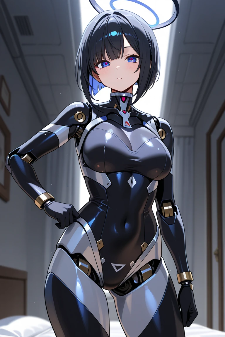 (upper-body), (Realistic, [the anime]), (..3d:0.3), dramatic  lighting, ((Masterpiece)),(Quality),(hight resolution), High Lady Voidstar, [[Coated ABS]], ((X-ray power armor|Lined bodysuit|gray power armor) mechanical arms), short luscious black hair cut, [Evil smile], small breasts, covered navel, eye liner, Lashes, a perfect face, beautiful nose, detailed pupil, Beautiful eyes, 詳細な目, Brown eyes, Perfect lips, A-pose on the monitor, Simple background, [Boku no hero academia], (Move:1) ,