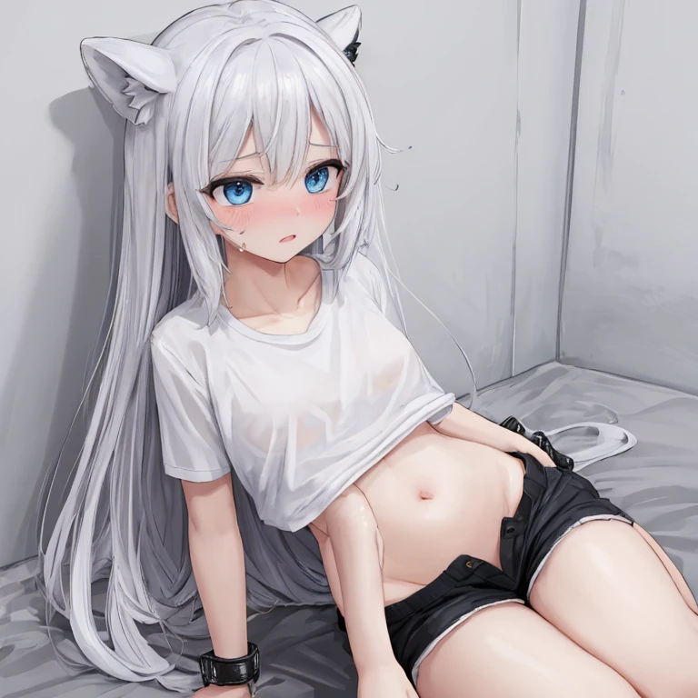 best quality, ultra precision, 1girl, cute, little girl, young, boyish, childish, small breasts, silver hair, cat ears, blue eyes, beautiful eyes, teen girl, ecstasy, sailor collar, estrus, metestrus, start to undress, naughty mood, bed room, bare, she loves you, sexy, lost virgin, virgin, blush, beautiful skin, big bow on chest naked