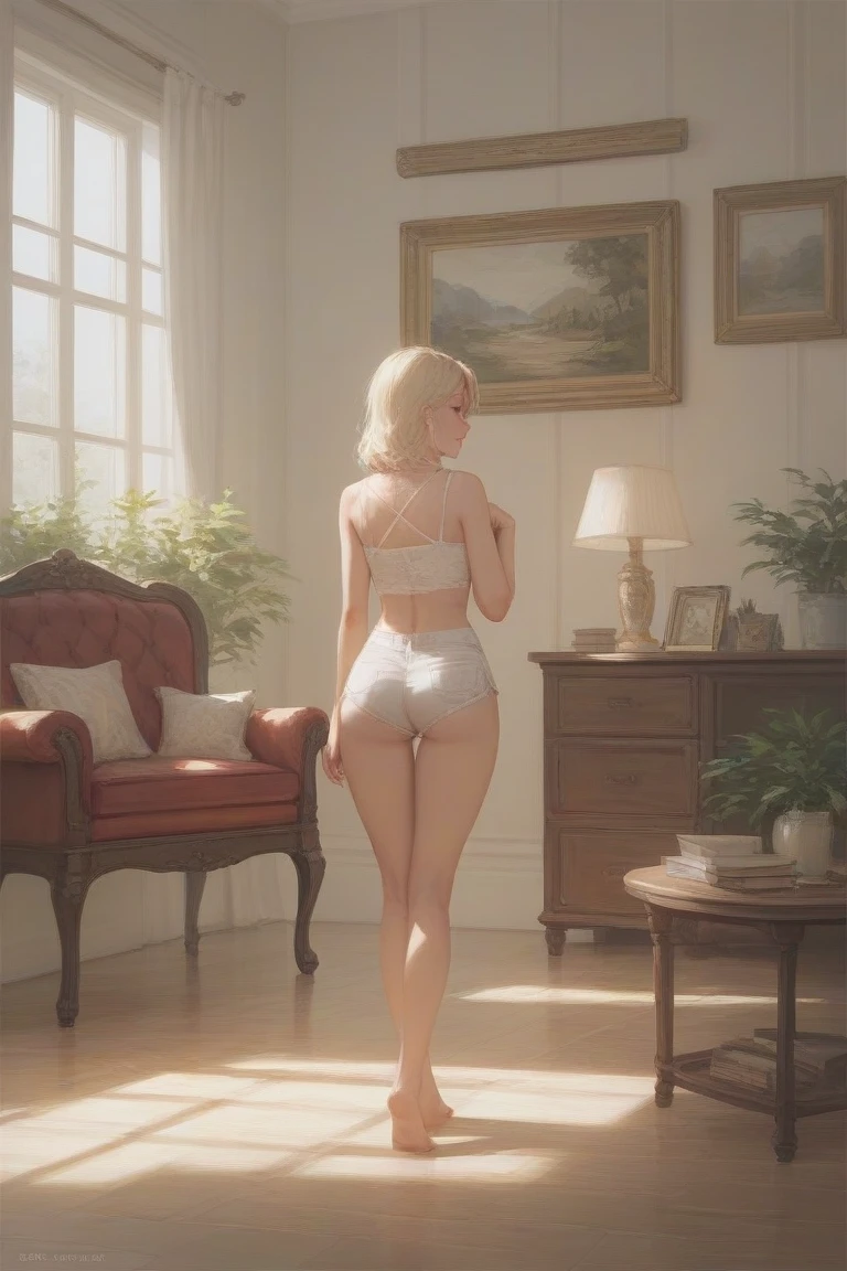 Long Angle Shot, front view, high quality Cartoony, 8K Ultra HD, high detailed, (masterpiece), best quality full body, ((showing front thongs)), open your legs, stockings,(looking back at viewer), standing,seductive pose, perfect anatomy body proportions, the body shape of slender model, expressive eyes, perfect face, cute, nerdy, long blonde hair, ponytail, girl next door, (sexy white lingerie, lace,), wide hips, big breasts, jewish facial features, kneeing on floor, photorealistic image, 4k, high resolution, crisp picture, dentist's office, brown eyes, shy smile, soft facial features, gentle, friendly eyes, underbite Model: Dream Cetus ，casual game style, Women's dressing room，Clothing model，Full-length lens，unreal-engine，cozy indoor lighting，art  stations，Detailed digital painting，cinematic ligh，Character design for Mark Raden and Pixar and Hayao Miyazaki，Macaron color scheme，daz，adolable，Octane rendering，3DMDT1，Heads-up，Empty room