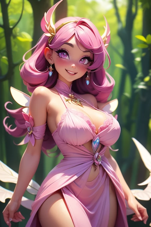 (This is a beautiful, intricate, (romatic) fantasy image that emphasizes beauty and grace.) Generate a blind curvy woman with soft natural freckles. Her face is important and should be (perfectly formed) with (beautiful puffy lips) and (perfect features). There is a cute freckle birthmark on her lip. The image exudes ethereal beauty and soft fantasy, with shimmering shades of pink throughout. Surround her with eternal roses in shimmering shades. Ensure perfection in her face, hair, and eyes. Include sweet and detailed birds and soft, luminous flowers and detailed roses. Utilize dynamic composition and dramatic lighting and cinematic lighting to create an interesting fantasy image. The background of the image is interesting and ultra-detailed, with soft fantasy lighting and gradients. Include fantasy details, cute aura, colorful, colourful, and interesting magical background. ((pretty room)), ((bed)), The image's background is decorated in shades of pink, shimmer, glitter, and fantasy details like colored bubbles and cosmos. Include subtle freckles, natural freckles and a diffused realistic skin tone. Incorporate elements of high fantasy, whimsy, and detailed elegance. English rose, princess, courtesan, noblewoman, sweet, lovely, calm, lovely, shimmering, glimmering, glittering, astrological fantasy, (((masterpiece))), (highest quality), magic rose, fantasy garden, beautiful face, perfect face, puffy lips, interesting, shy smile, fantasy elements, magic rose, beautiful eyes, perfect puffy lips, jewel tones, luminosity. Taken with a canon camera.