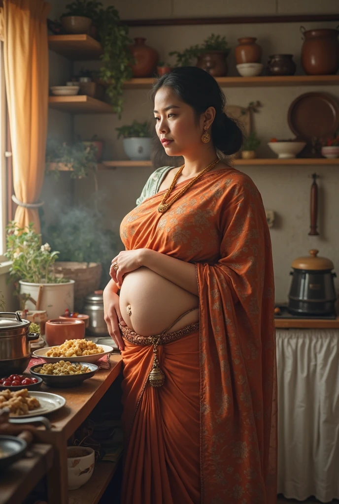 Marathi woman, curvy hourglass body, in Desi kitchen, making sweet