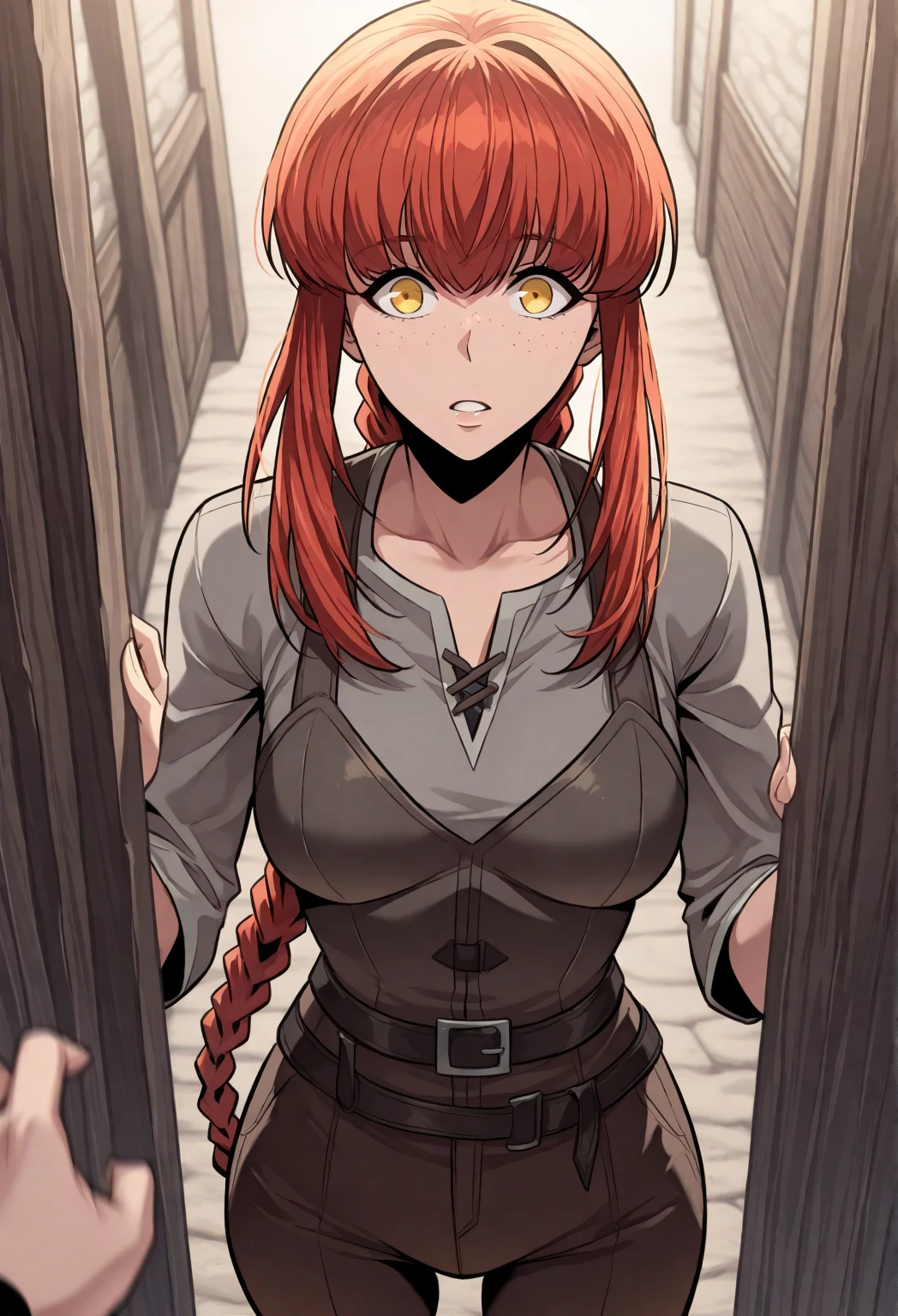 bound arms, Behind the arm, A high resolution, HighestQuali, illustratio, ultra - detailed, (详细的脸), (Detailed eyes),Best quality at best, ultra - detailed, tmasterpiece,1girll,Cord,Bondage,BDSM,gag,tape gag,horrified expression,Barefoot,struggling,perspire,Hands and feet are tied,In a dimly lit basement,makima \(chainsawman\),(red hair)+(long braid)+(By bangs),Yellow eyes,Golden eyes, ((eye socket)), (white shirt), (tiese)