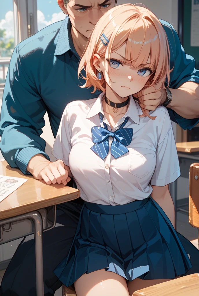 masterpiece, best quality, highres,Very Aesthetic, 1girl, (1boy,a little boy),,age difference,bowtie,blonde hair,breasts,long hair,pink hair,pleated skirt,shirt tucked in,short hair,skirt,smile,tented shirt,in classroom, girl bent over desk, getting fucked, girl having sex with boy, young boy fucking older girl, doggystyle