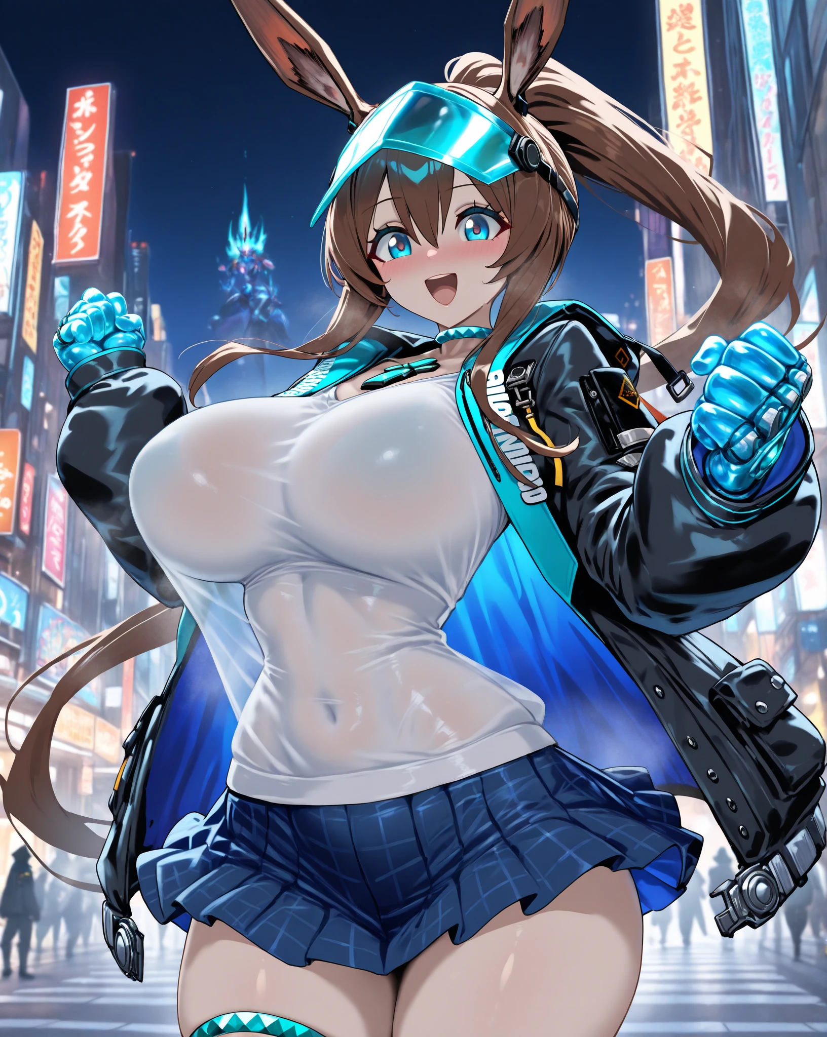 1 girl,Amiya \(arknights\),arknights,cinematic angle,shortening,dark,NSFW,brain out,highest quality,超High resolution,masterpiece,High resolution,8K,UHD,detailed lighting,animal ears,The most beautiful brown hair in the world,Bunny ears,long hair,ponytail,bangs,big beautiful blue eyes that shine,hair between eyes,jewelry,Ascot,ブルーAscot,black jacket,open jacket,hood,hooded jacket,long sleeve,tights,黒tights,open clothes,Multiple rings,thumb ring,shirt,白のshirt,blush,14 year old ultimate beautiful girl,very beautiful face,Extraordinary cute,White and beautiful shiny skin,Ultra Big,sensual,Plump,Chubby,thick thighs,big ass,looking at the viewer,City of night,whole body
