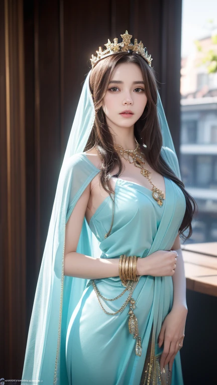 4K ultra hd, masterpiece, a cute girl, good face, detailed eyes, liquid lipstick, long hair, spreading hair, necklace, beautiful dress, long dress, marriage dress, golden color, high lights, light effects, shining, realistic background, nature background, flower, mountains, whole body capture,