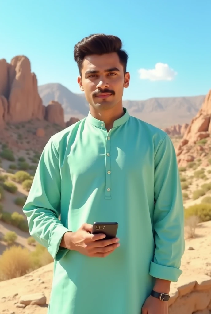 A handsome 20-year-old boy with a round face, a slight beard, and neatly styled short hair that looks full and well-groomed. He is sitting comfortably on a chair at an elegant rooftop café in Islamabad, Pakistan, dressed in a stylish blue shalwar kameez. The scenic view of the Margalla Hills adds to the charm of the setting.
