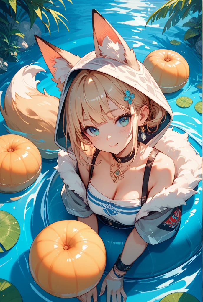 (masterpiece,best quality,very aesthetic),(disheveled hair)(ultra-detailed),high saturation,1girl,18yo,solo,curvy,short stature,a platinum blonde fox tail,large breasts,(platinum blonde fox ears),short hair,platinum blonde hair,beautiful face,(messy hair),(disheveled hair),hair intakes,(fusion of gray kimono and white slingshot swimsuit with black frills,Layered clothing with orange on both sides and black on the inside:1.2),bare legs,(cameltoe:0.8),enjoyable,alluring smile,brown foxy eyes,BREAK,ocean,under water,swimming in the ocean,bubble,tropical fish,(cheek squash,holding own breath),lying,on stomach,cowboy shot